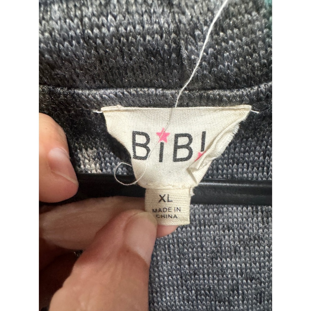 BIBI Womens XL Plaid Patchwork Knit Hoodie Henley Pullover Teal Grey Oversized - Picture 2 of 2